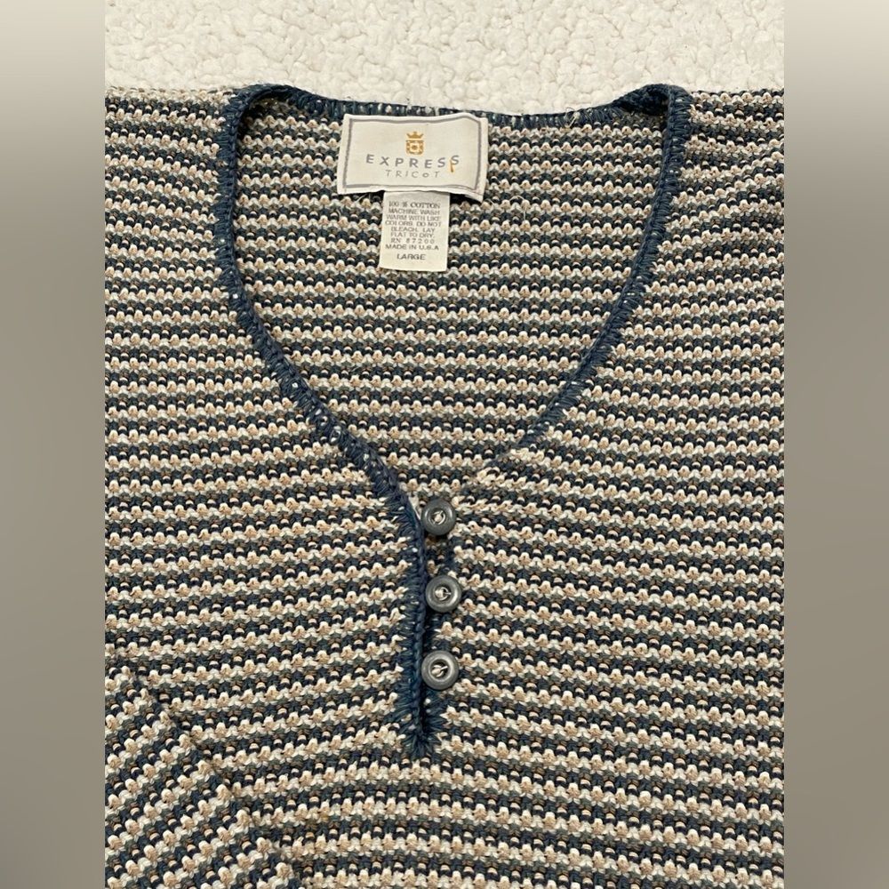 VINTAGE 90s EXPRESS Tricot Pullover V-Neck Sweater Blues Gray Knit Soft EUC